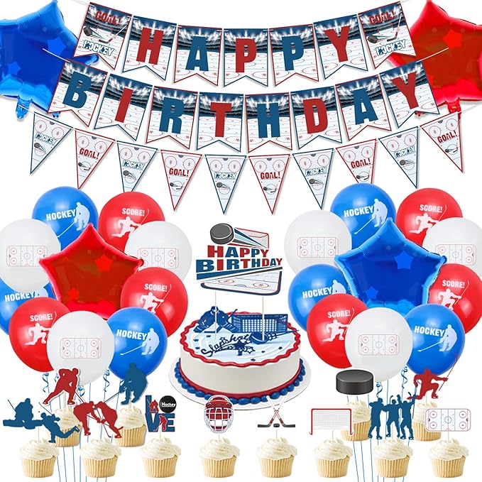 Hockey Party Decorations, Happy Birthday Banner, Ice Hockey Theme Cake Toppers, Latex Balloons and Tablecloth for Kids Party Sports Ice Hockey Birthday Party Supplies