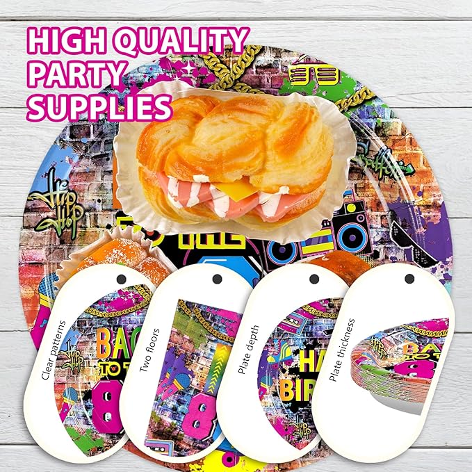 Grencian 96Pcs 80's Party Decorations Back to The 80s Plates and Napkins Disposable Hip Hop Graffiti Wall 80's Birthday Paper Tablewarefor 80s Retro Music Birthday Party Supplies, Serves 24