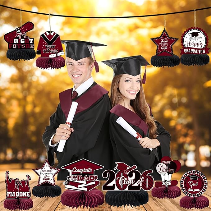 10PCS Graduation Party Decorations Class of 2026 Congrats Grad Table Centerpieces Congratulate Graduation Honeycomb Table Toppers for Graduation Party Supplies(Maroon Black)