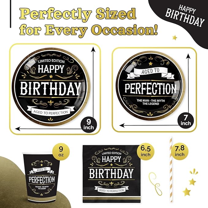 Aged to Perfection Birthday Decorations, 120Pcs Birthday Party Decorations for Men, Disposable Tableware Includes Paper Plates, Napkins, Cups and Straws | Serves 24