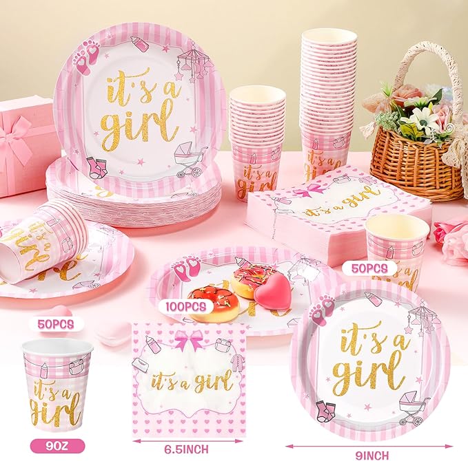 Hushee 200 Pcs It's a Girl Baby Shower Paper Plates Napkins Cups Baby Shower Party Supplies Tableware Set Disposable Cup Napkin for 50 Guest Party Decoration