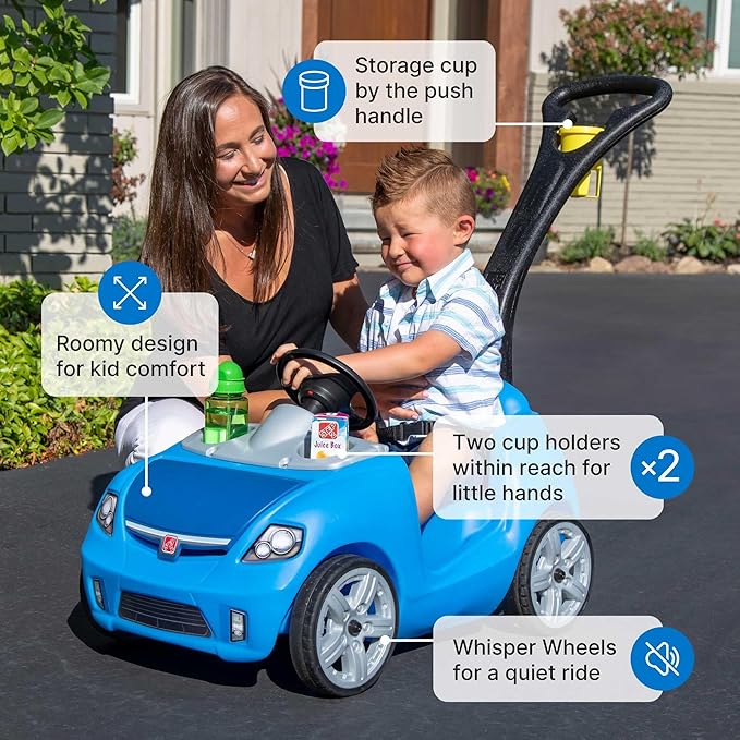 Step2 Whisper Ride II Kids Push Car, Ride-On Car with Seat Belt and Horn, Toddlers and Preschoolers Ages 18 Months–4 Years, Max Weight 50 lbs., Quick Fold Handle, Stroller Alternative, Blue