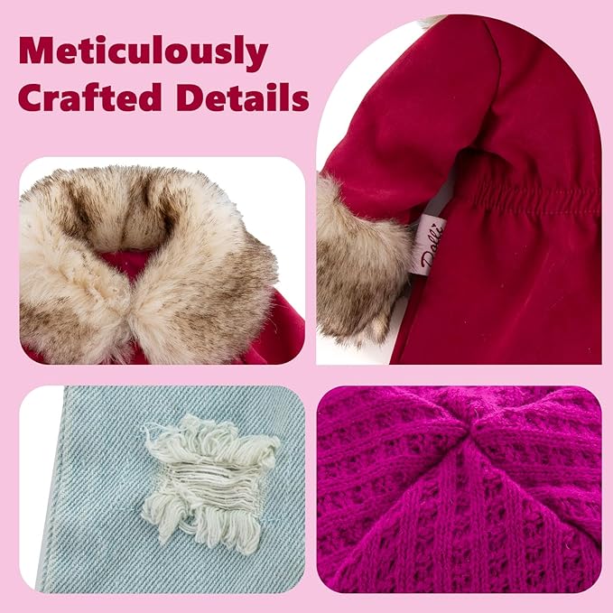American 18 Inch Doll Clothes Set, 5-PC Fashion Red Winter Coat Set Includes Warm Coat, Shirt, Jeans, Pink Knit Hat & Knit Scarf, Outfits Casual Wear(Doll NOT Included)