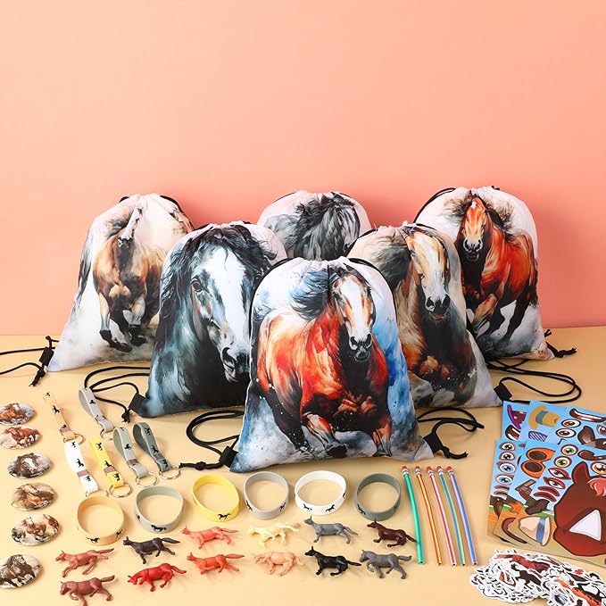 114 Pcs Horse Themed Party Favor Supplies with Drawstring Bag Mini Figurines Keychain Silicone Bracelets Badges Puzzle Stickers Notepads Soft Pencils for Horses Birthday Party Decoration