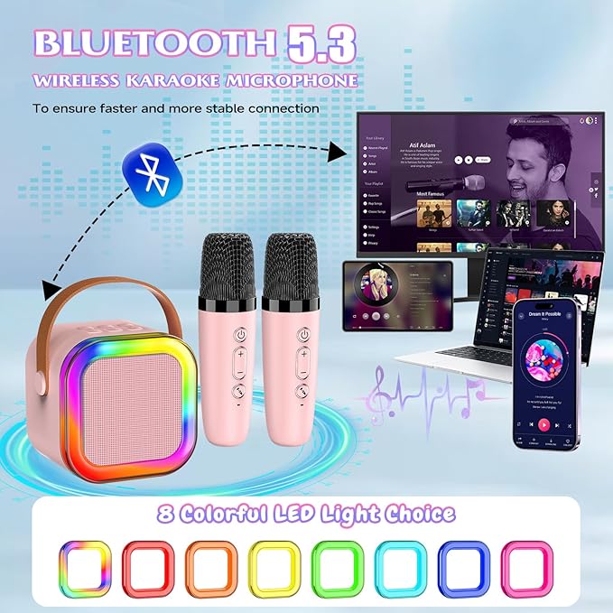 Karaoke Machine with 2 Mic, Wireless Microphones for Kids Adults Toddler with LED Party Lights, Mini Kids Microphone Christmas Birthday Gift for Girls Toys 4, 5, 6, 7, 8, 10 12+ Years Old 【Pink】