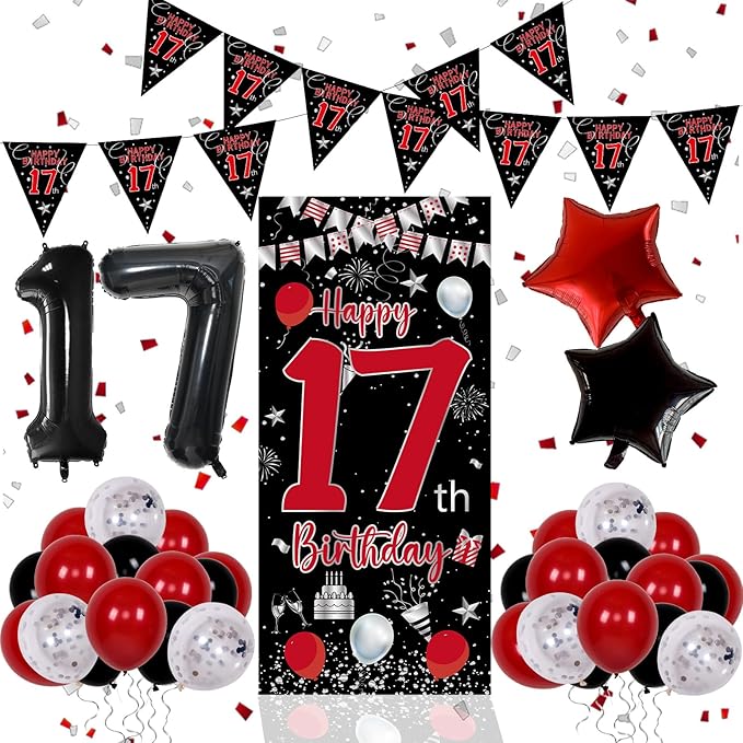17th Birthday Decorations for Boys, Red Black Happy 17th Birthday Balloons Decorations for Girls, Boy 17 Year Old Door Banner, Triangle Flag, Large 17 Balloons Decor for 17 Bday Party Supplies
