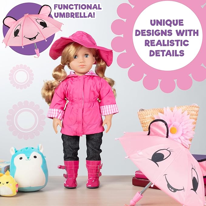 6pc Spring Rainy Day 18" Doll Outfit- Compatible with American Girl- Premium Clothes & Accessories Set Includes Raincoat, Working Umbrella, Rain Boots, Hat, Pants & Shirt- Easter Basket Stuffer