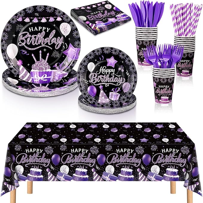 Norme 176 Pcs Purple and Black Birthday Tableware Set Birthday Decoration Includes Tablecloth Paper Plates Napkins Paper Cups Forks Knifes and Straws for 25 Guests Party Supplies (Modern)
