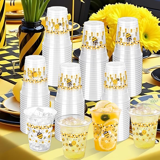 100 Pcs Bee Party Plastic Cups 12 oz Honey Disposable Drinking Cups Clear Cute Bee Theme Party Cups for Bees Baby Shower Birthday Parties Supplies