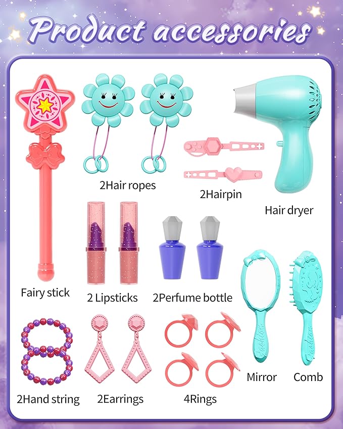 Magic Sensor Toddler Vanity Set with Automatic Opening Mirror, Kids Makeup Table with Induction Light & Music, Real Sound Hair Dryer, Fairy Wand & Accessories, Toy for Girls Age 3 4 5