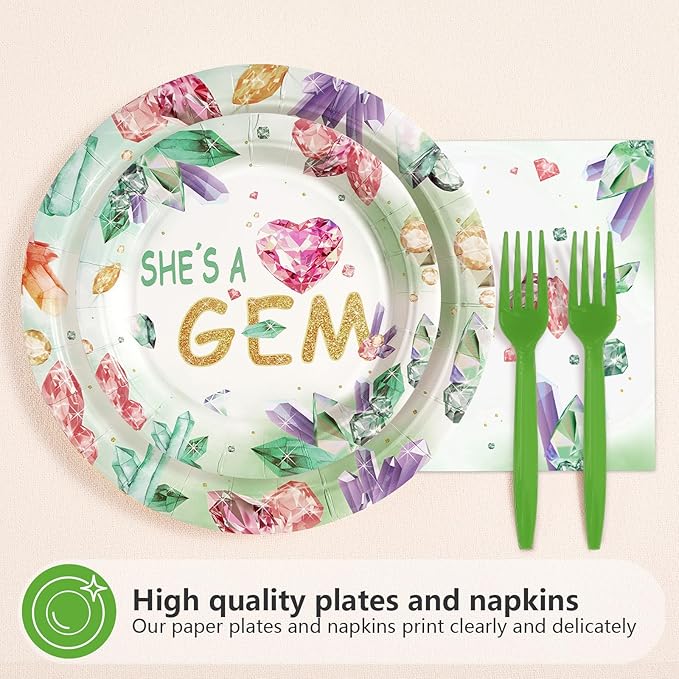 96Pcs Gem Stone Baby Shower Party Supplies She is a Gem Plates and Napkins Green Crystal Jewel Tableware Sets Glitter Jewel Geology Themed Decor for Baby Shower Newborn Girl Birthday Party Serve 24