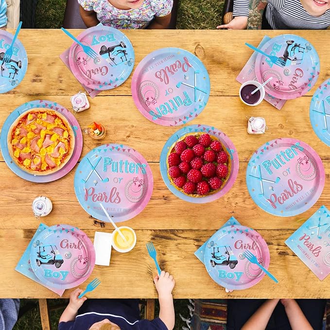 96Pcs Golf Gender Reveal Decorations Putters Or Pearls Plates and Napkins Tableware Sets Blue or Pink Decorations for Golf Theme He or She Gender Reveal Baby Shower Birthday Party Supplies Serves 24