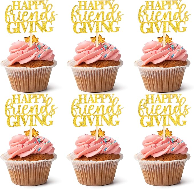 Happy Friendsgiving Cupcake Toppers, 24 PCS Glitter Happy Thanksgiving Cupcake Picks, Gold Give Thanks Cake Decorations Food Picks for Happy Thanksgiving Day Themed Birthday Party Decoration Supplies