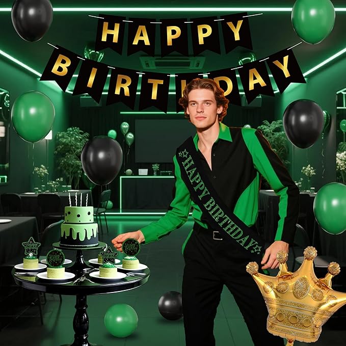 Black And Green Birthday Decorations for Men,Fringe Curtains Happy Birthday Banner,Red balloons,Cake Toppers for Boys