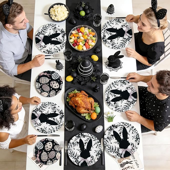 96Pcs Easter Bunny Decorations Easter Bunny Eggs Plates and Napkins Black and White Rabbit Eggs Disposable Tableware for Spring Outdoor Home Party Decorations
