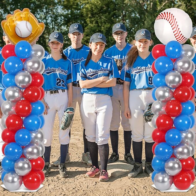 2 Sets Baseball Balloon Column Stand Kit With 102 Red Blue Silver Baseball Glove Foil Balloons Sport 5.57ft Adjustable Balloon Tower Stand With Bases Adjustable Arch Column for Game Birthday Supplies