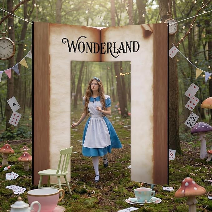 Preboun Wonderland Tea Party Decoration 6.56 x 7.22 ft Magic Book Door Banner Fairy Tale Themed Curtain Photo Props Background for Birthday Baby Shower Tea Party Supplies