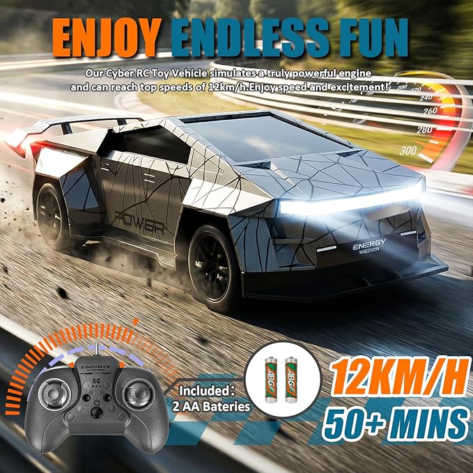 Remote Control Car/RC Truck – 2.4 GHz All-Terrain Cyber Vehicles with One-Touch Demo and Three Adjustable LED Light Effects, Off-Road Pick-Up Hobby Monster Truck Toys Gifts for Boys/Girls Aged 3+
