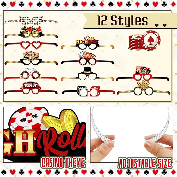 Landical 36 Pcs Casino Night Party Supplies 12 Beaded Necklaces 12 Hat Headbands 12 Paper Night Glasses Prop Accessories Tiaras Poker Dice Sign Casino Party Favors Las Vegas Game Decorations