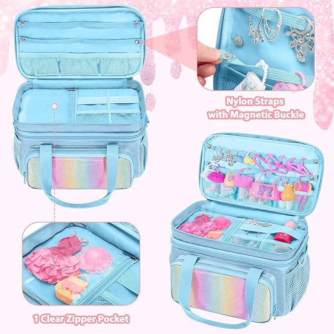 Carrying Case Compatible with Barbie Doll Clothes, Doll Accessories Storage Organizer, Double Layer Design, with Handle and Detachable Shoulder Strap, Case only (Blue)