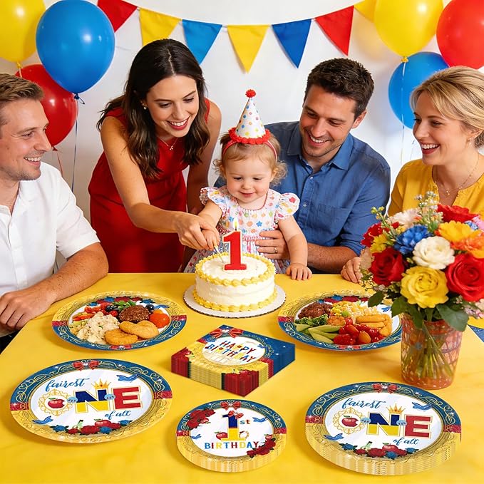 96 Pcs Snow Princess 1st Birthday Party Supplies Cartoon Snow Plates and Napkins Red Blue Yellow Tableware Set for Girls First Birthday Baby Shower Princess Theme Party Supplies, Serves 24