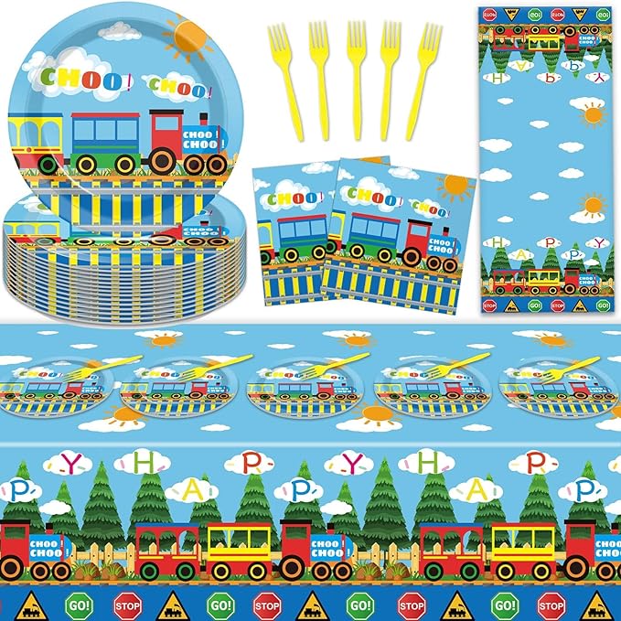 61 Pcs Train Birthday Decorations Chugga Choo Party Tableware Set Cartoon Car Plates Napkins and Tablecloth Transportation Themed Supplies for Birthday Parties Family Gathering Dinner Serve 20 Guests