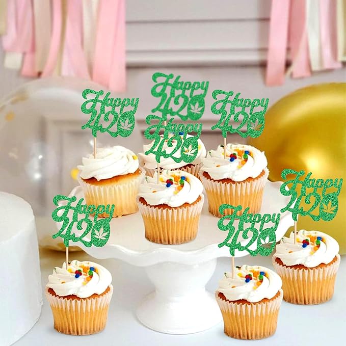 Ercadio 24 Pcs Green Glitter Marijuana Cupcake Toppers Have a Dope Birthday Cake Topper Cake Decorations for Men Women Marijuana Them 420 Birthday Party Supplies