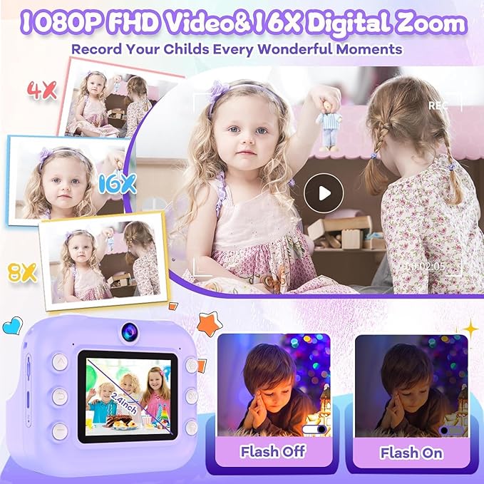 Kids Camera Instant Print, Toys for 3-12 Year Old Girls Christmas Birthday Gifts, 48MP Kids Selfie Digital Camera, 1080P HD Children Video Recorder, 2.4" Toddler Camera with Print Paper