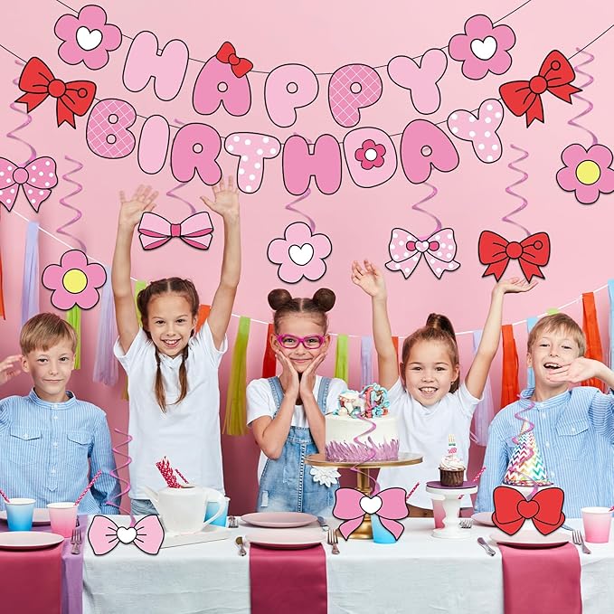 Pink Bow Birthday Party Decorations Bow Happy Birthday Banners Pink Hanging Swirl Cartoon Cat Theme Party Supplies Cute Bowknot Cutout Streamers for Girls Baby Shower Coquette Bachelorette Party Decor