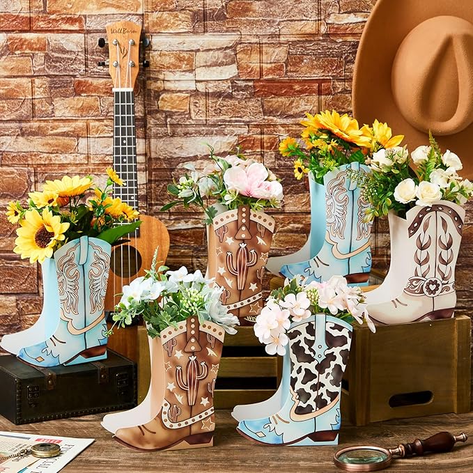 12 Set Western Boots Flower Boxes Centerpiece Boot Shape Gift Boxes Party Decoration Vase Centerpieces for Tables Boots Rodeo Birthday Baby Shower Supplies(Western Blue,Cow)