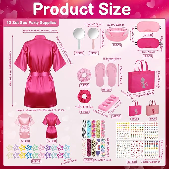 122 Pcs Pink, Hot Pink Girls Spa Party Kit, 10-Pack Slumber Party Favors with Satin Robes, Tote Bags, and Nail Salon Accessories for Kids Spa Birthday, Halloween, Home Party Supplies