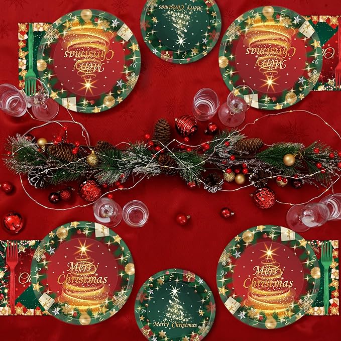 96PCS Christmas Party Supplies - Paper Plates & Napkins in Red & Green - Serves 24 - Xmas Tree Party Decorations & Favors