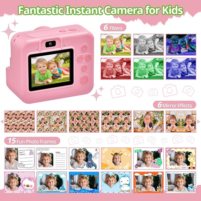 Kids Camera Instant Print, Christmas Birthday Gifts for Kids Age 3-12, Selfie Digital Camera with 1080P Videos,Toddler Portable Travel Camera Toy for 4 5 6 7 8 9 Year Old Boys (Pink)