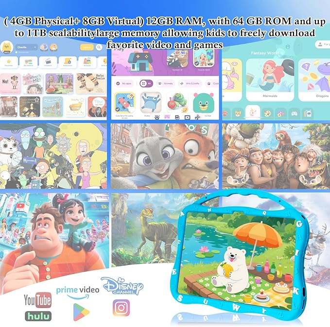 Kids Tablet, 10.1 inch Tablet for Kids, Educational Learning Toddler Tablet Android 14, 12GB RAM+64GB ROM Storage, 5G WiFi for Baby Girl boy Gift 3-10(Blue)