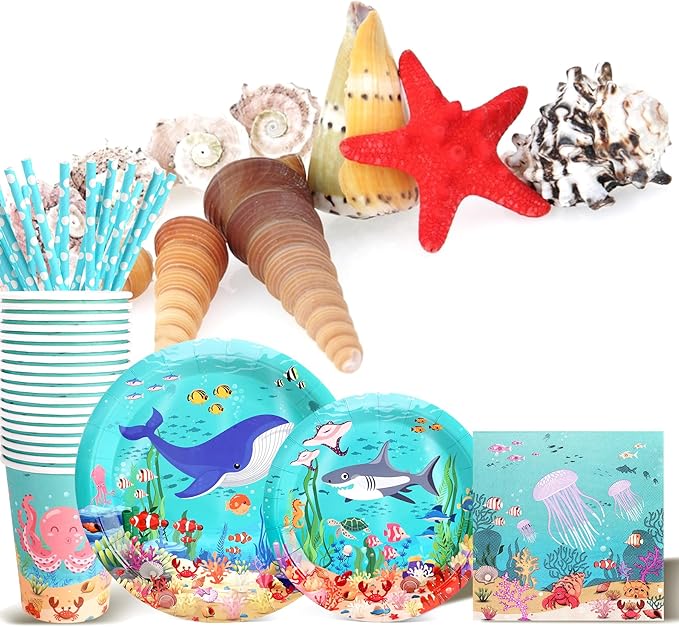 Under the Sea Birthday Party Supplies Decorations, Ocean Theme Paper Plates and Napkins Set for 24 Guests, 120 Pcs Disposable Sea Animals Party Dessert Dinnerwares