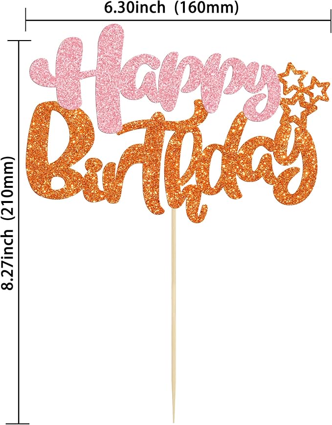 Ephlyn 1Pcs Happy Birthday Cake Topper Glitter Cake Pick for Celebrating Anniversary Party Cake Decorations Supplies Pink Orange