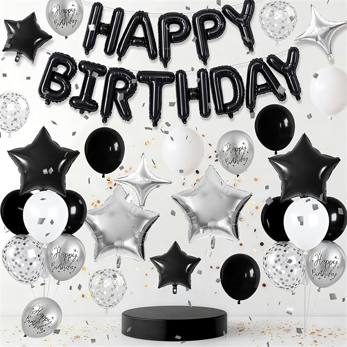 Black and Silver Birthday Decorations for White Black Silver Metallic Print Party Balloons Confetti Balloon Happy Birthday Banner 18/10 Inch Heart Balloons Star Balloon for Men Bday Party Supplies