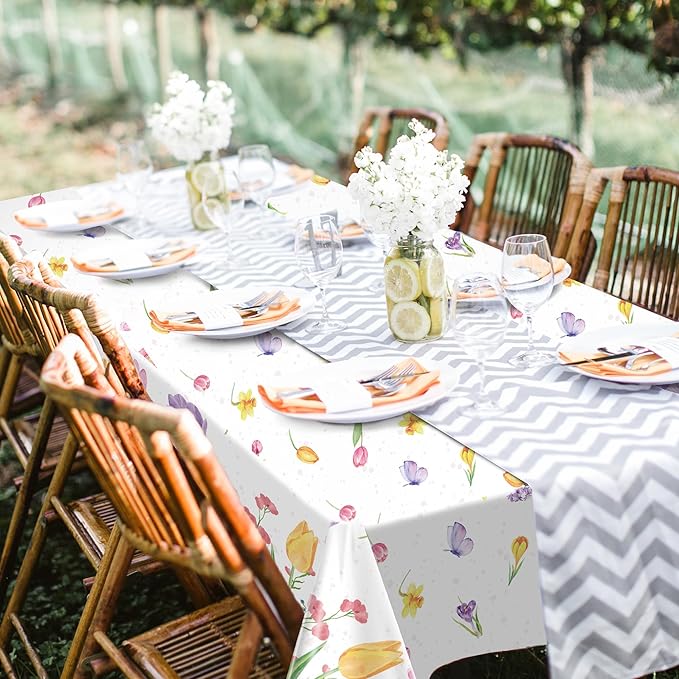 Kochorie Spring Flower Tulip Tablecloth Roll 54 Inch x 100 Feet Plastic Floral Disposable Table Cover Butterfly Wildflower Themed Backdrop for Spring Floral Tea Party Birthday Wedding Decor