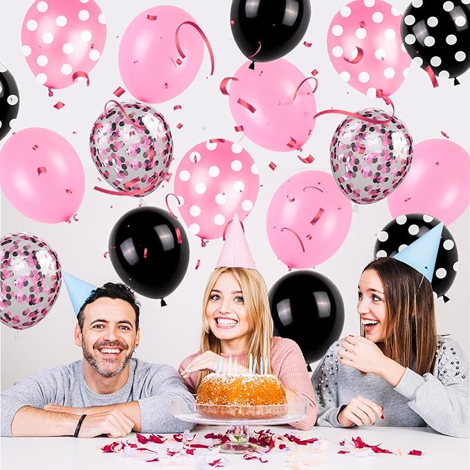 Pink and Black Balloons Set, 12 Inch Black Dots Birthday Balloon, Pink Latex Ballons Confetti Helium Balloons for Girls Theme Birthday Bridal Party Supplies