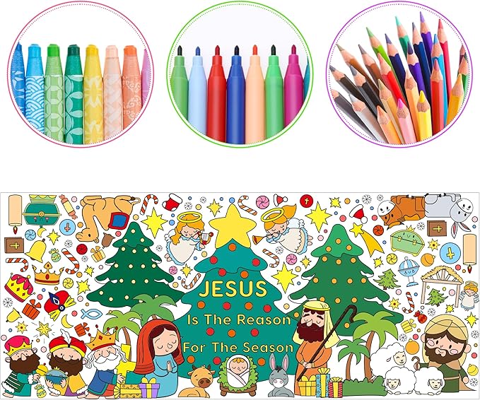 Dvbonike Jumbo Nativity Coloring Poster Giant Jesus Is The Reason For The Season Color-in Paper Poster DIY Blank Doodle Art Banner 55.1 x 23.6 in Decor, Sunday School Activity Party Supplies for Kids