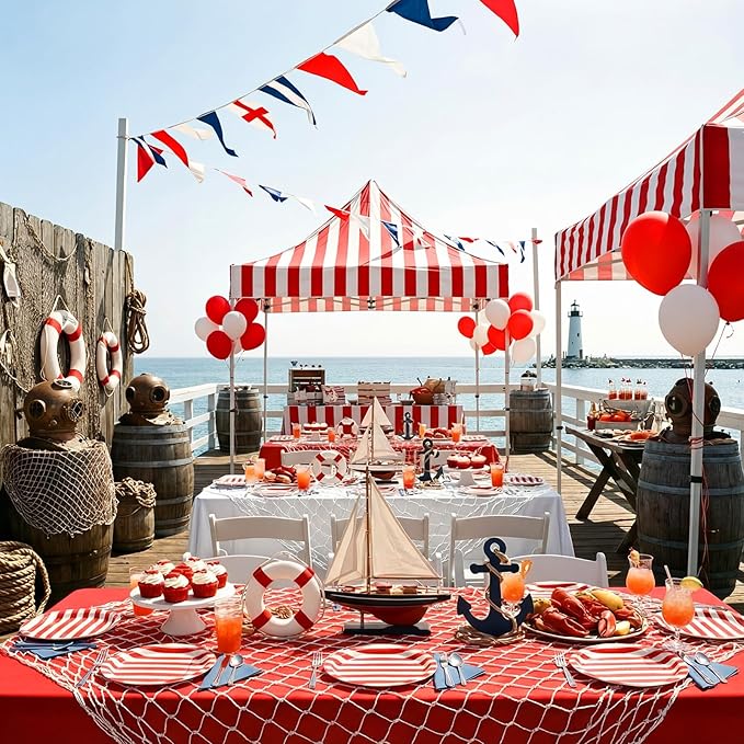 Unittype 8 Pcs Fish Net Decorative and Tablecloth Set, Cotton Fishnet and Plastic Table Cover Decorations Set for Nautical Themed Party Baby Shower Pirate Decorations Mermaid Party (Red and White)