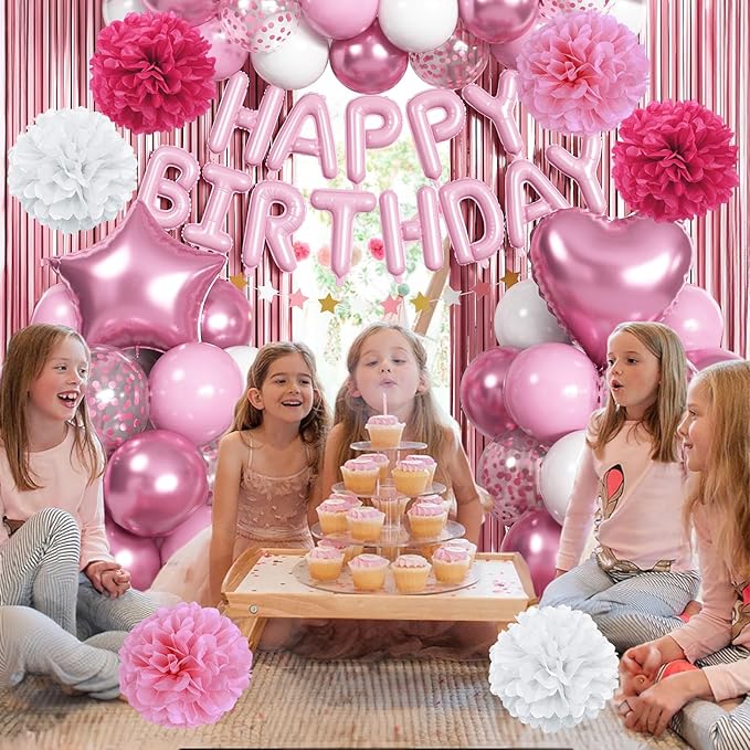 Pink Birthday Decorations for Girls, Pink White Party Balloons Happy Birthday Banner Balloon Star Heart Foil Balloon Fringe Curtain Paper Pompom for Women Bday Party Supplies