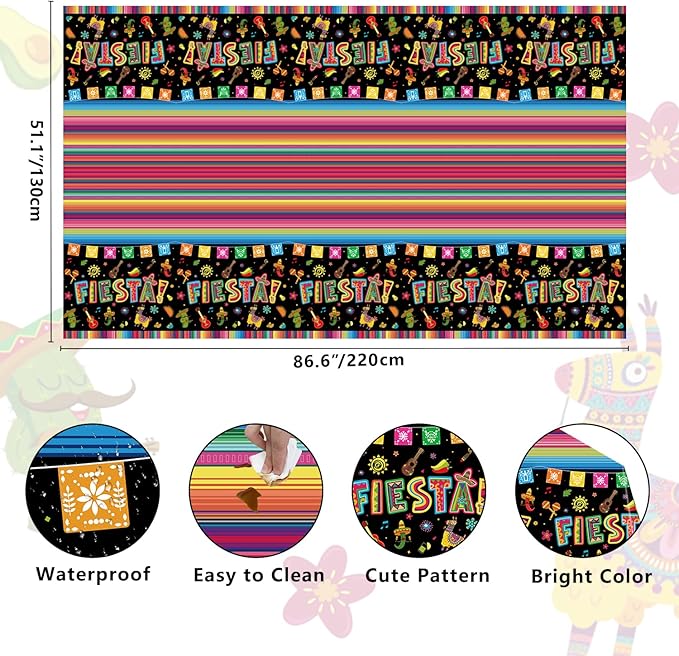 4 Pack Cinco De Mayo Printed Fiesta Mexican Table Cover Fiesta Party Tablecloth Taco Night Table Cloth Mexican Themed Tablecloth Mexico Party Supplies 86 x 51 in (220 x 130cm)
