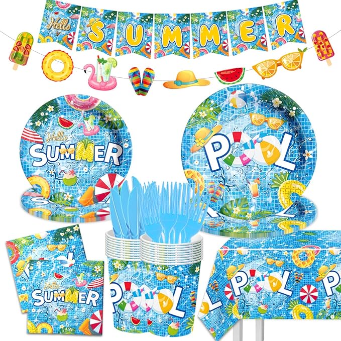 Pool Party Decoration-143Pcs Summer Tableware Pool Hello Summer Plates and Napkins Set Beach Hawaiian Pool Birthday Party Supplies,Summer Swimming Disposable Tableware Serve 20 Guests