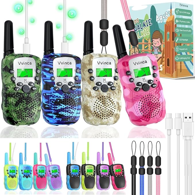 Vvinca Walkie Talkies for Kids Rechargeable 4 Pack, 3 Mile Walkie Talkie Long Range, Christmas Birthday Gift for Age 3-12 Boy Girl with Flashlight 22CH 2 Way Radio for Adventure Camping Outdoor Hiking