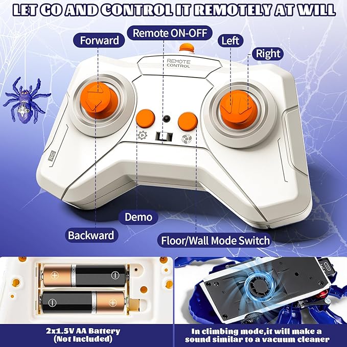 Wall Crawling Spider, Rechargeable Remote Control Robot Toy for Kids with LED Eyes and 360° Stunts, Wall Climbing Funny Prank Toys Birthday Gifts for Boys & Girls Ages 3-5 4-6 7-8 (Blue)