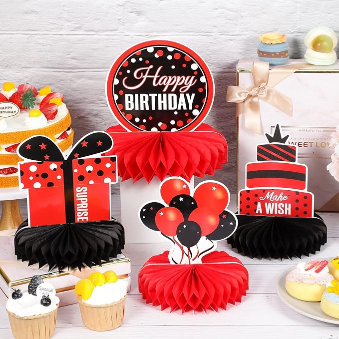 Pajean 8 Pieces Red and Black Birthday Party Honeycomb Centerpieces Red Black Table Centerpieces Decorations Table Centerpiece Sign for Kids Adults Party Supplies