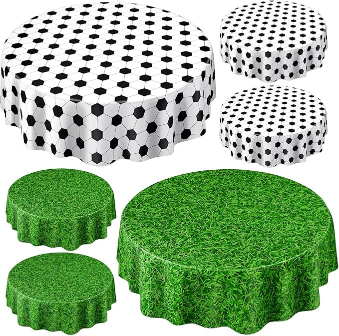 6 Pack Round Soccer Tablecloth 84 Inch Plastic Soccer Grass Party Decorations Disposable Grass Table Cloth Washable Disposable Circle Table Cover for Birthday Party Supplies Decoration