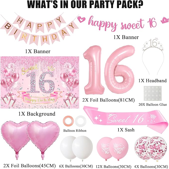Sweet 16 Birthday Party Decorations for Girls - Pink 16th Happy Birthday Banner Heart Balloons Number 16, Photo Backdrop Crown Sash Party Supplies for Sixteen Years Old