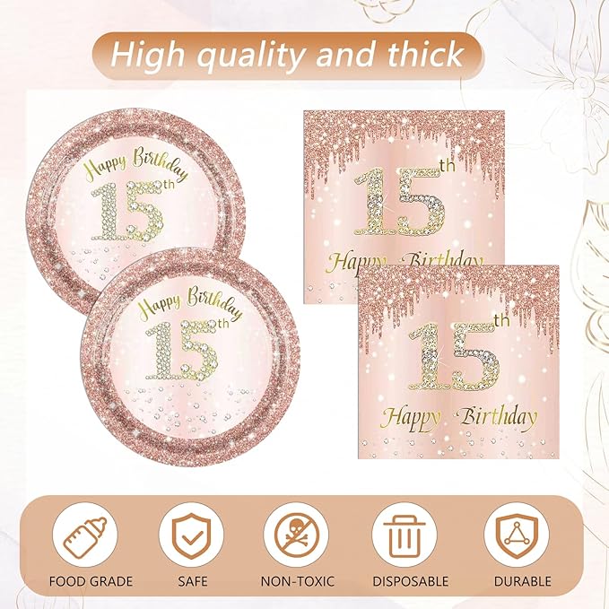 15th Birthday Decorations for Girls,Rose Gold 15 Year Old Birthday Party Supplies Include 15th Birthday Party Plates and Napkins,Tablecloth Kit,15 Birthday Tableware Set for Girls Teen Party Decor